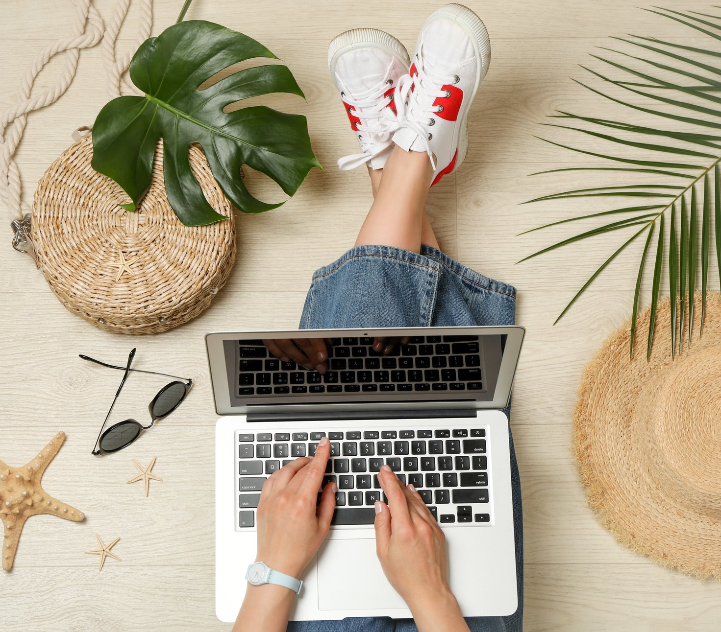 Girl Works at a Laptop, Top View. Blogger Concept